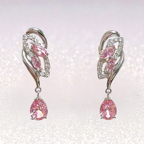 Pink Crystal Earrings Dangle Drop Charm Rhinestone Formal Art Nouveau Style - Picture 1 of 6